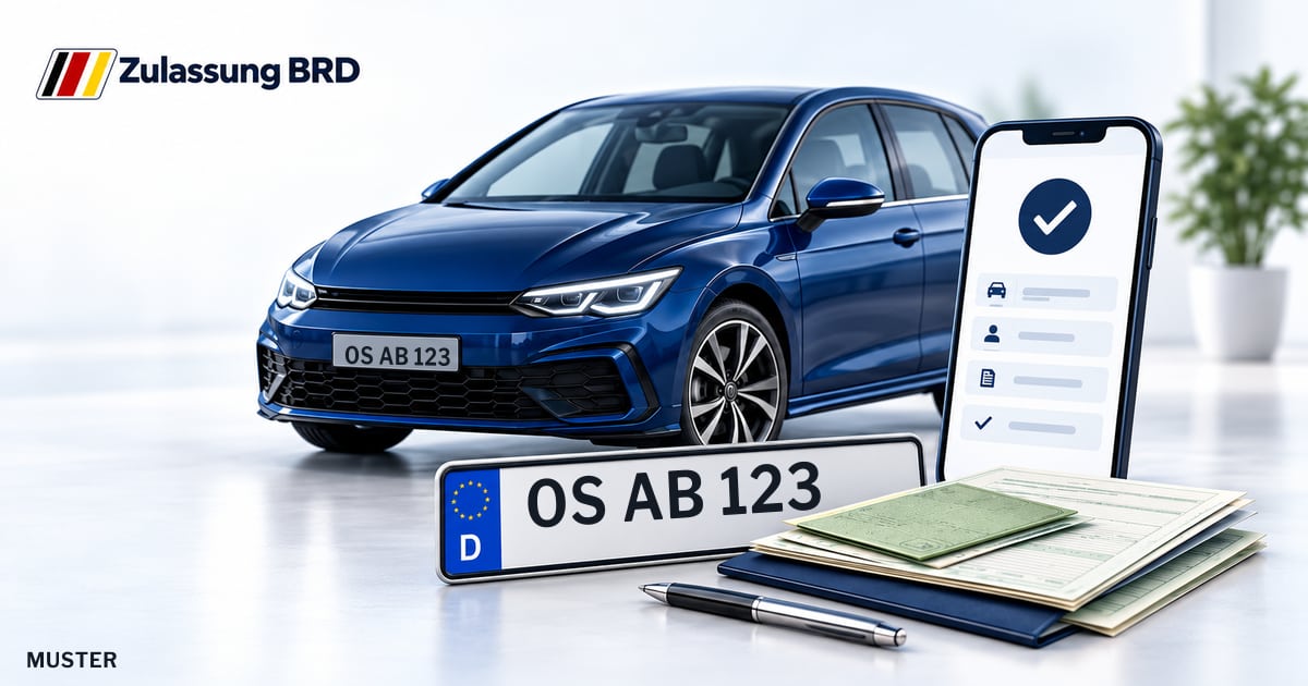 Online Fahrzeugzulassung in Bad Iburg: Musterkennzeichen OS AB 123, Auto und Fahrzeugpapiere und Smartphone. Illustration mit Logo von Zulassung BRD.